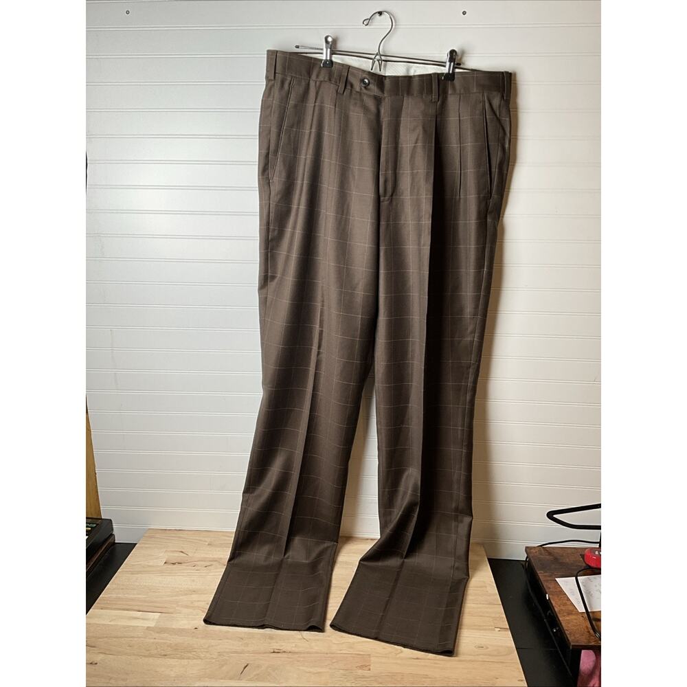 Paul Frederick Classic Fit Essential Wool Pleated Suit Pants 38 Brown Windowpane